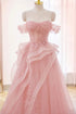 Pink A-line Off Shoulder Floor Length Prom Dress, Sweetheart Tulle Long Formal Dress