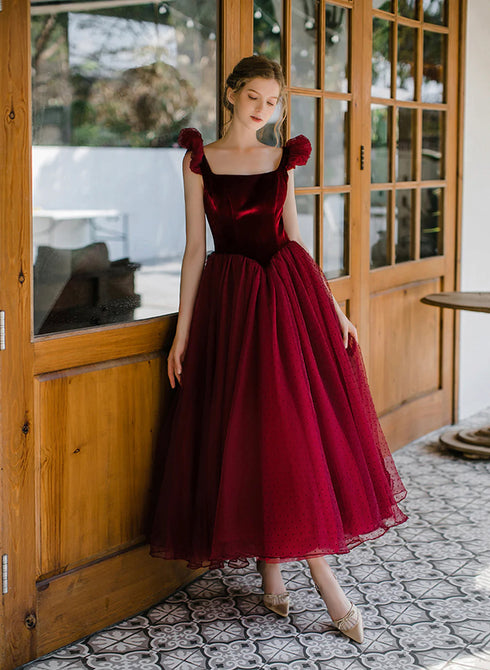 Wine Red Tea Length Scoop Straps Tulle Party Dress, Wine Red Homecoming Dress