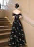 Black Floral Off Shoulder Tulle Long Prom Dress, Black Evening Dress