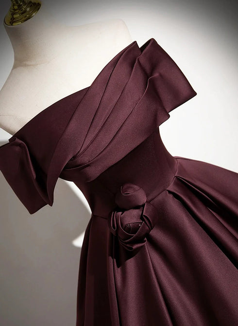 Maroon Off Shoulder Satin Long Party Dress, Satin Evening Dress Formal Dress