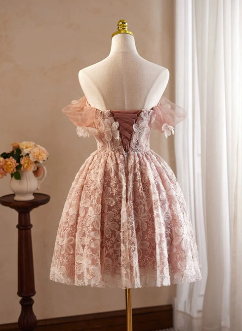 Pink Lace Off Shoulder Knee Length Party Dress, Pink Homecoming Dress