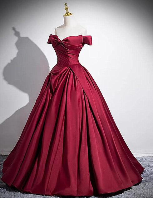Wine Red Satin Off Shoulder Floor Length Party Dress, Wine Red Long Prom Dress