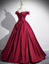 Wine Red Satin Off Shoulder Floor Length Party Dress, Wine Red Long Prom Dress
