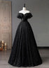 Black A-line Tulle Off Shoulder Beaded Party Dress, Black Shiny Tulle Prom Dress