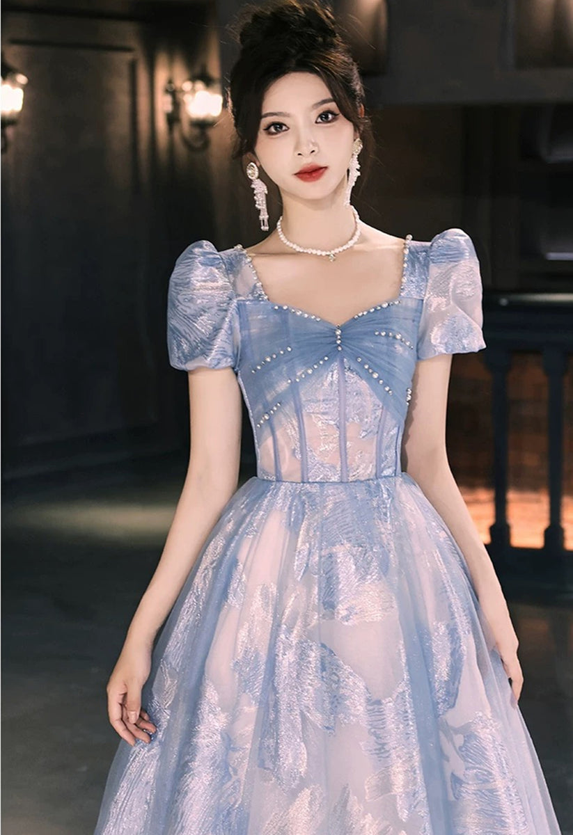 Blue Strapless A-line Floral Long Party Dress, Blue Floral Prom Dress Evening Dress