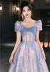 Blue A-line Short Sleeves Party Dress Prom Dress, Blue Floral Evening Dress