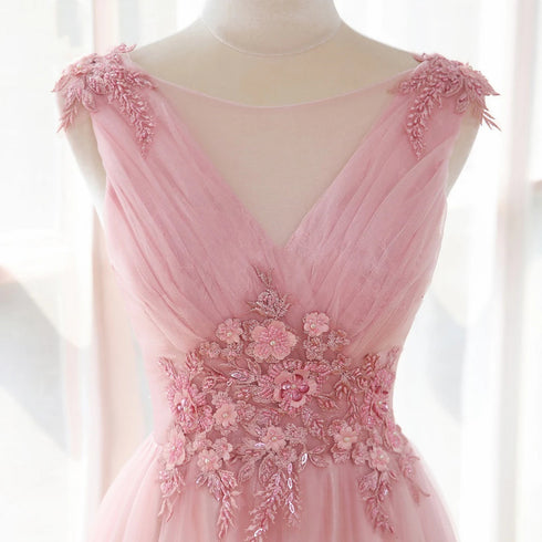 Pink Tulle V-neckline with Lace Long Party Dress, Pink Tulle Prom Dress