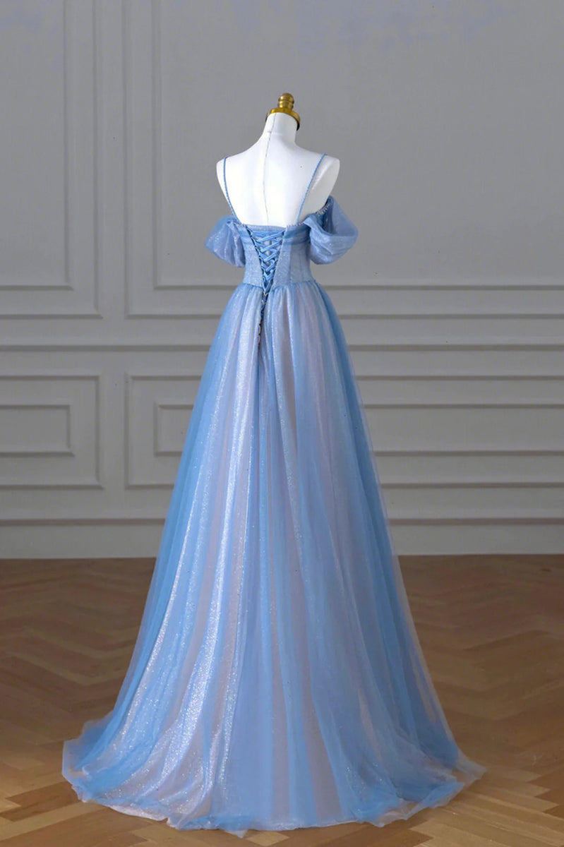 A-line Blue and Pink Beaded Tulle Long Party Dress, Blue Prom Dress