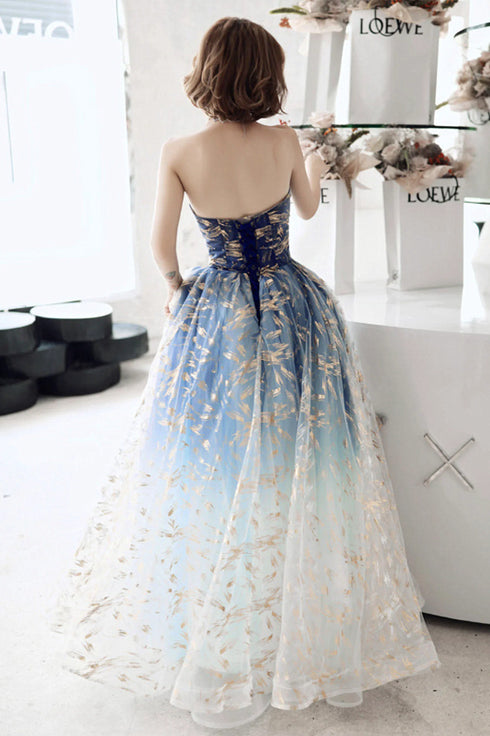 Blue Gradient Beaded A-line Floor Length Party Dress, Blue Tulle Prom Dress