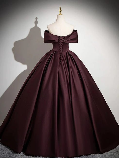 Maroon Satin Off Shoulder Simple A-line Party Dress, Maroon Long Prom Dress