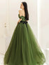 Green Off Shoulder Tulle Long Formal Dress, Green Sweetheart Prom Dress