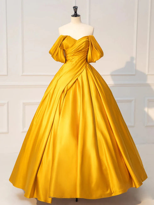 Gold Satin Floor Length Off Shoulder Party Dress, Gold Satin Prom Dress