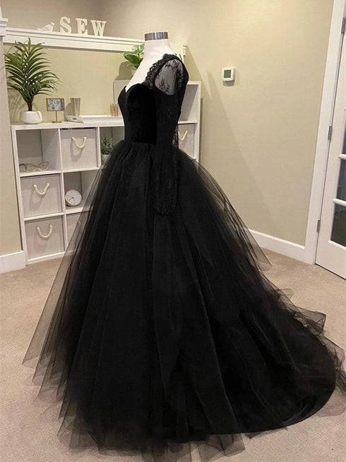 Black Tulle and Velvet Long Sleeves Formal Dress, Black Lace Prom Dress