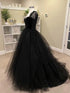 Black Tulle and Velvet Long Sleeves Formal Dress, Black Lace Prom Dress