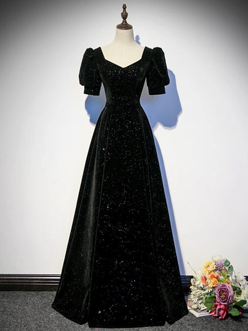 A-line Black Shiny Velvet Short Sleeves Prom Dress, Black Bridesmaid Dress