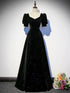 A-line Black Shiny Velvet Short Sleeves Prom Dress, Black Bridesmaid Dress