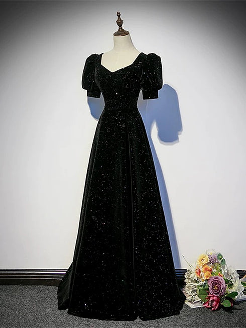 A-line Black Shiny Velvet Short Sleeves Prom Dress, Black Bridesmaid Dress