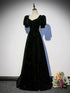 A-line Black Shiny Velvet Short Sleeves Prom Dress, Black Bridesmaid Dress