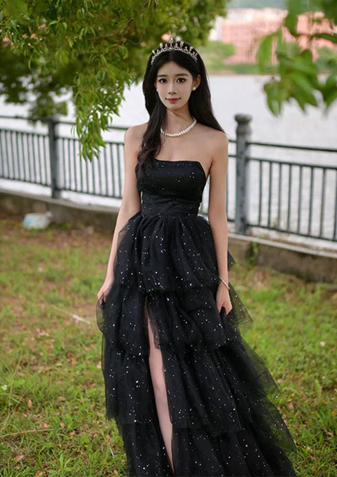 Lovely Black Tulle Long Prom Dress with Leg Slit, Black Shiny Tulle Party Dress