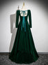 Green Velvet Beaded Long Sleeves Prom Dress, Green Velvet Party Dress