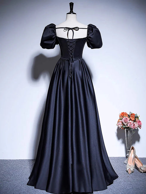 A-line Simple Satin Short Sleeves Prom Dress, Black Satin Party Dress Formal Dress