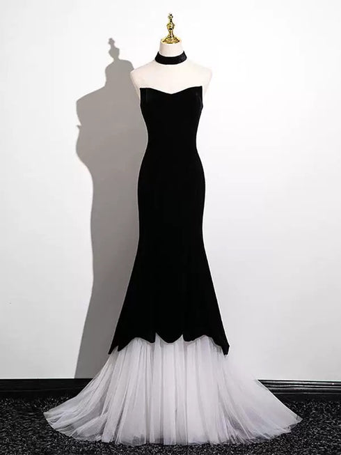 Black and White Mermaid Strapless Long Prom Dress, Velvet Formal Dress