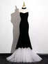 Black and White Mermaid Strapless Long Prom Dress, Velvet Formal Dress