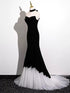 Black and White Mermaid Strapless Long Prom Dress, Velvet Formal Dress
