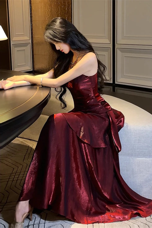Wine Red Mermaid Straps Satin Long Formal Dress, Wine Red Satin Prom Dress