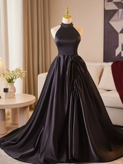 Black Satin Haler Open Back Long Prom Dress, Black Satin Party Dress