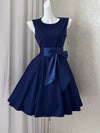 Blue Round Neckline Knee Length Homecoming Dress with Bow, Blue Short Party Dress