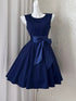 Blue Round Neckline Knee Length Homecoming Dress with Bow, Blue Short Party Dress