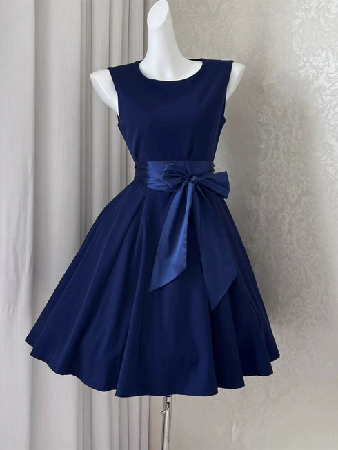 Blue Round Neckline Knee Length Homecoming Dress with Bow, Blue Short Party Dress