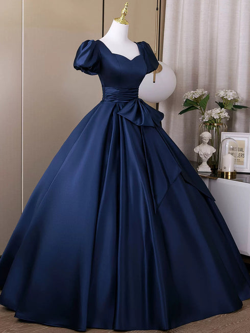 A-line Navy Blue Satin Short Sleeves Sweetheart Party Dress, Navy Blue Satin Prom Dress