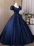 A-line Navy Blue Satin Short Sleeves Sweetheart Party Dress, Navy Blue Satin Prom Dress