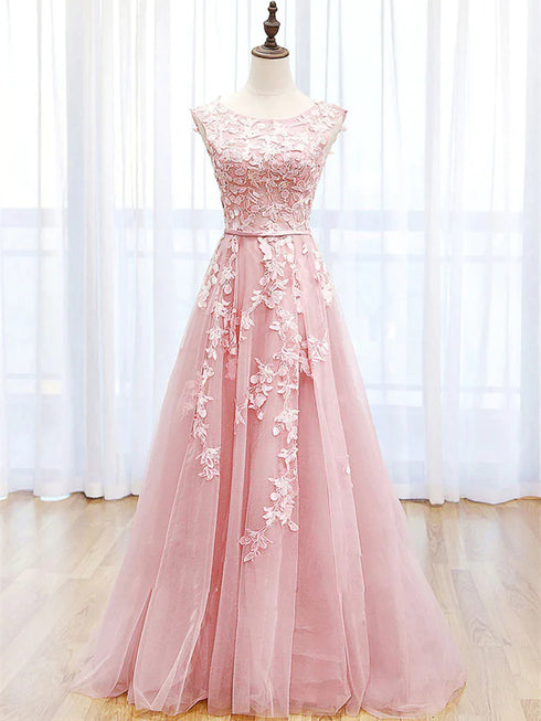 Lovely Pink Tulle Round Neckline Long Party Dress, Pink Lace Applique Prom Dress