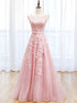 Lovely Pink Tulle Round Neckline Long Party Dress, Pink Lace Applique Prom Dress