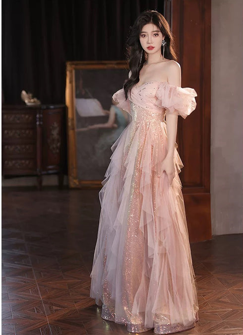 Pink Tulle and Sequins Sweetheart A-line Prom Dress, Pink Long Party Dress