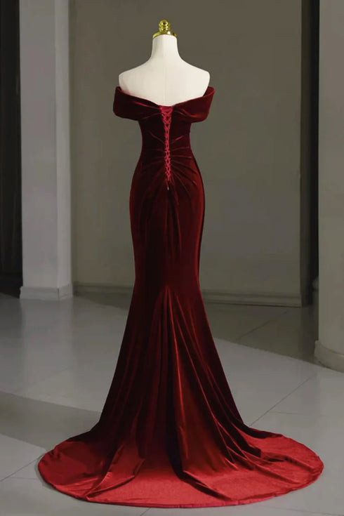 Wine Red Mermaid Off Shoulder Long Formal Dress, Wine Red Velvet Prom Dress