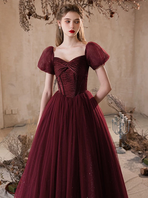 Wine Red Puffy Short Sleeves Tulle Prom Dress, Wine Red Tulle Party Dress