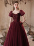 Wine Red Puffy Short Sleeves Tulle Prom Dress, Wine Red Tulle Party Dress