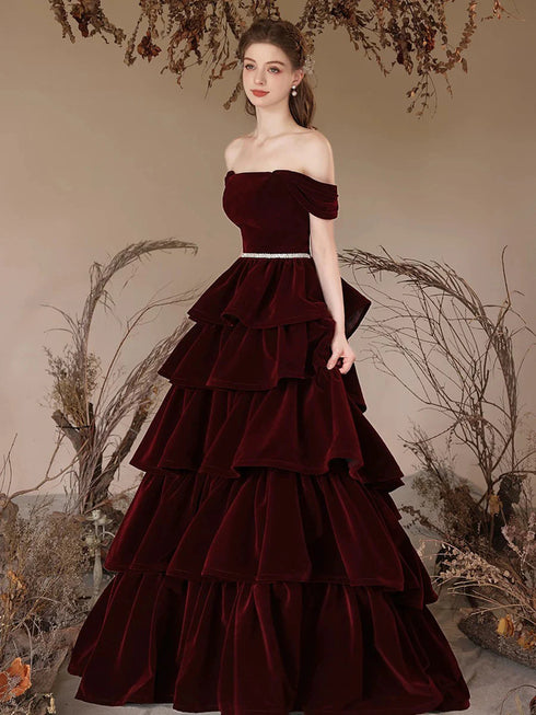 Lovely Wine Red Velvet Off Shoulder Party Dress, Wine Red Velvet Layers Prom Dress