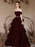 Lovely Wine Red Velvet Off Shoulder Party Dress, Wine Red Velvet Layers Prom Dress