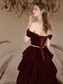 Lovely Wine Red Velvet Off Shoulder Party Dress, Wine Red Velvet Layers Prom Dress