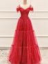 Red A-line Shiny Tulle Floor Length Party Dress, Red Off Shoulder Prom Dress