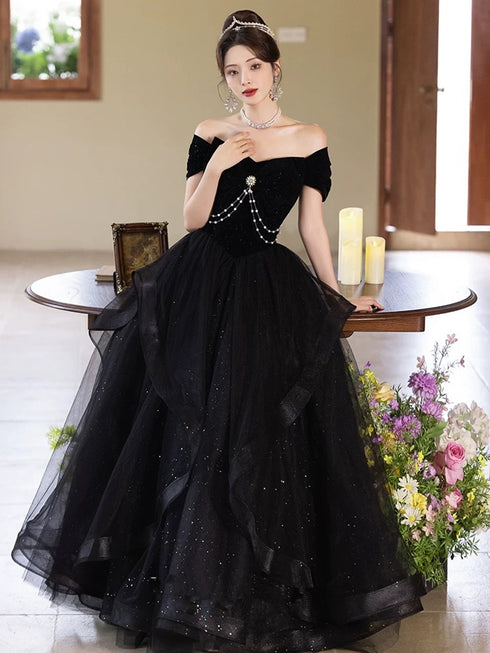Black Sweetheart Tulle and Velvet Long Party Dress,Black Short Sleeves Prom Dress