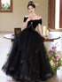 Black Sweetheart Tulle and Velvet Long Party Dress,Black Short Sleeves Prom Dress