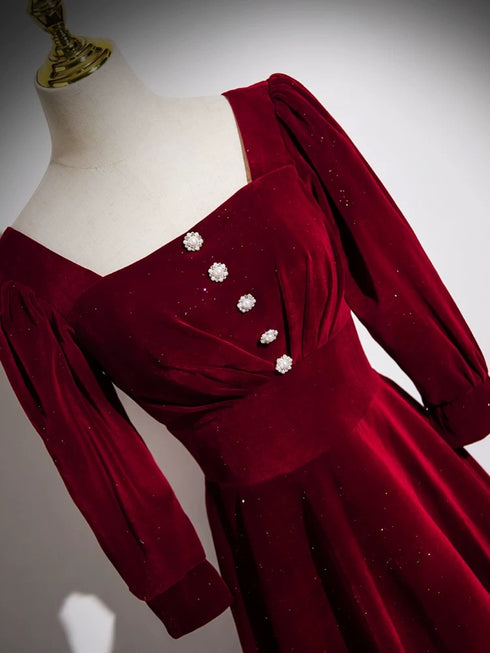 Wine Red Long Sleeves A-line Floor Length Prom Dress, Wine Red Velvet Party Dress