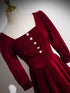 Wine Red Long Sleeves A-line Floor Length Prom Dress, Wine Red Velvet Party Dress