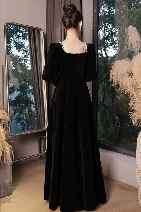 A-line Black Velvet Long Sleeves Simple Style Prom Dress, Black Velvet Party Dress